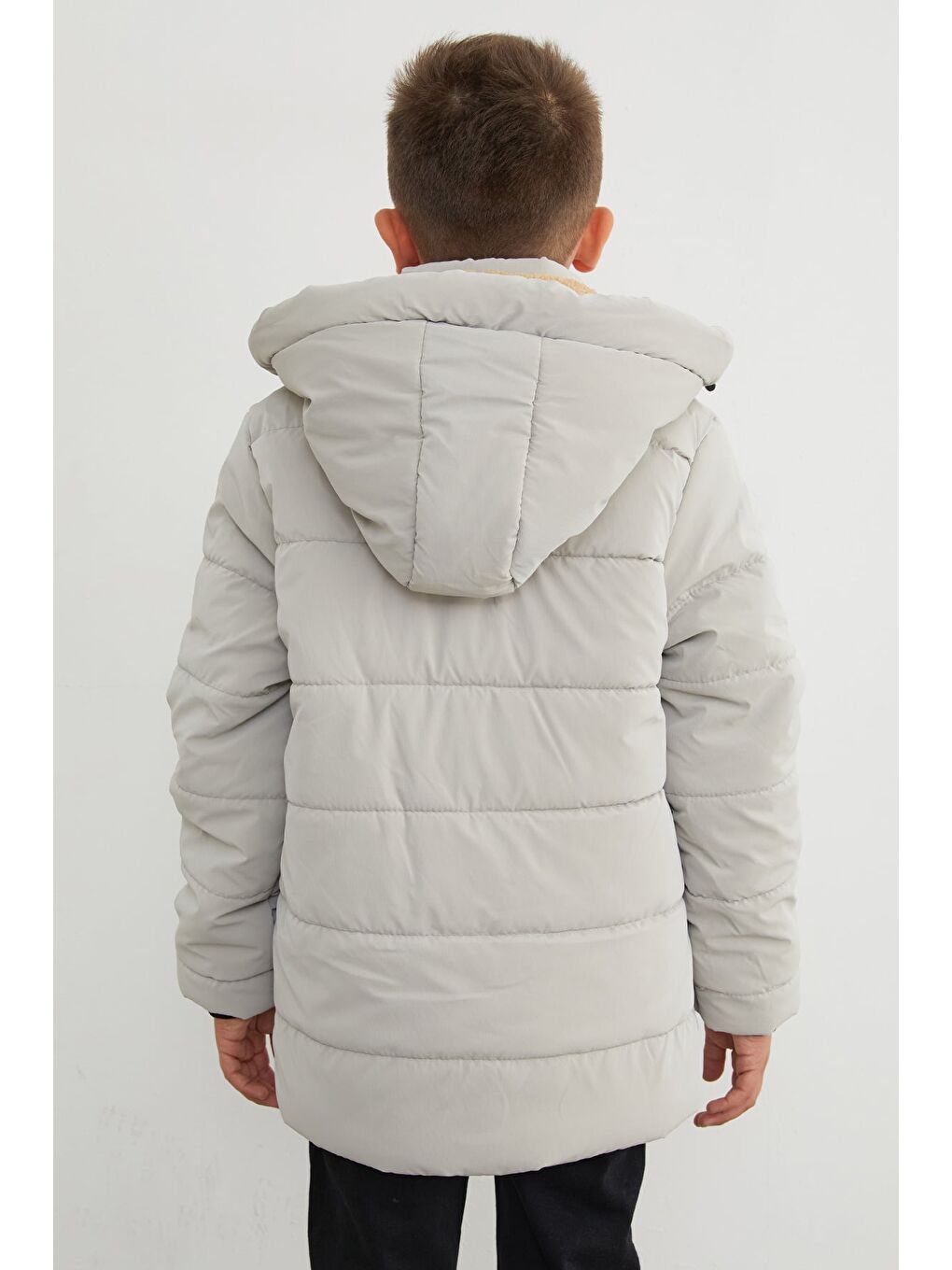 Gri Kolu Baskılı Fermuarlı Kapüşonlu Erkek Çocuk Mont-4