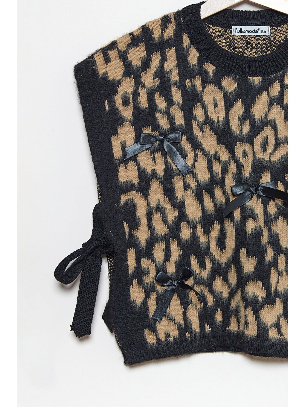 Kahverengi Leopar Desenli Fiyonklu Kız Çocuk Triko Süveter-3