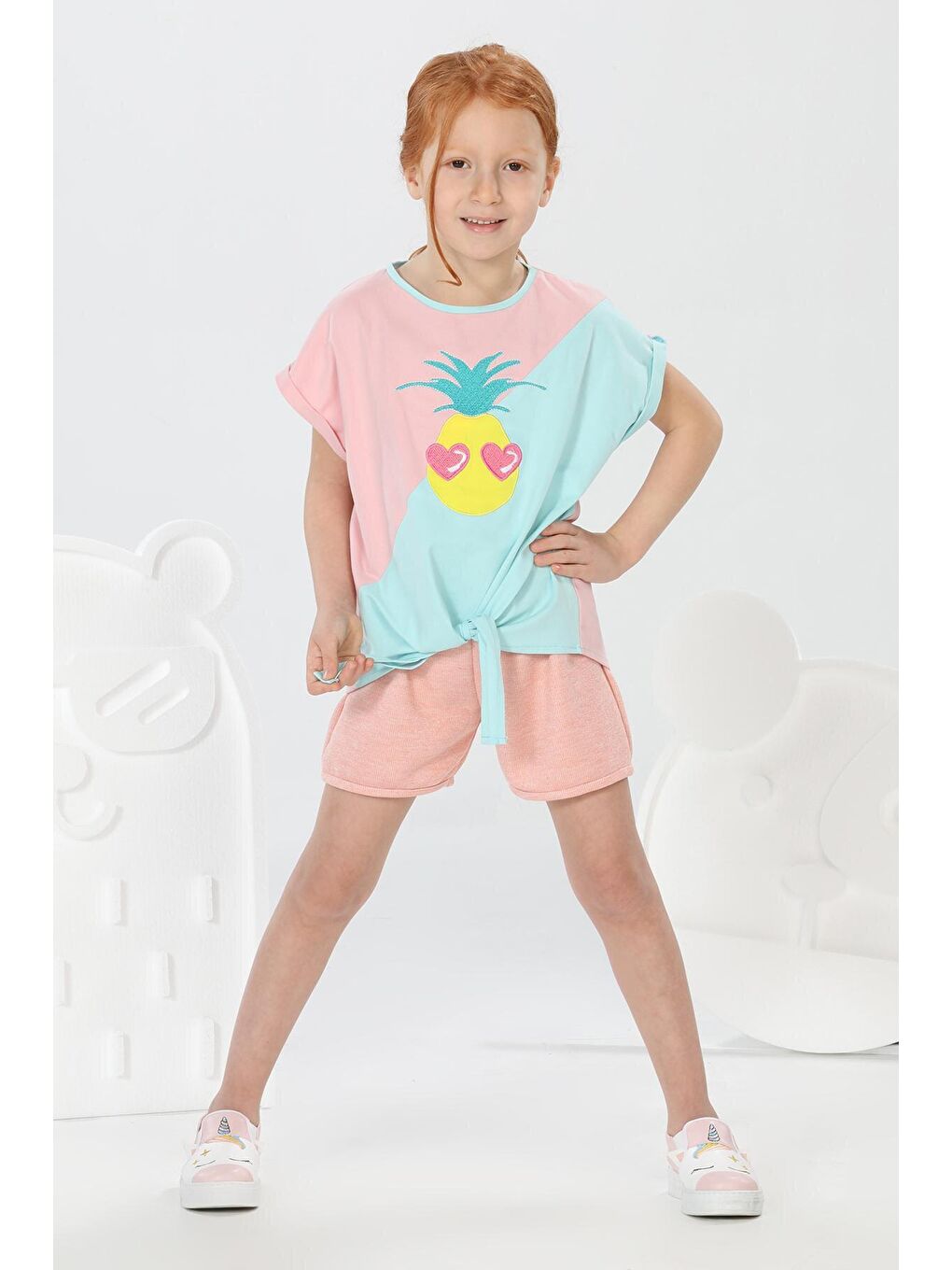 LupiaKids Su Yeşili Pineapple Tshirt+Simli Şort Takım