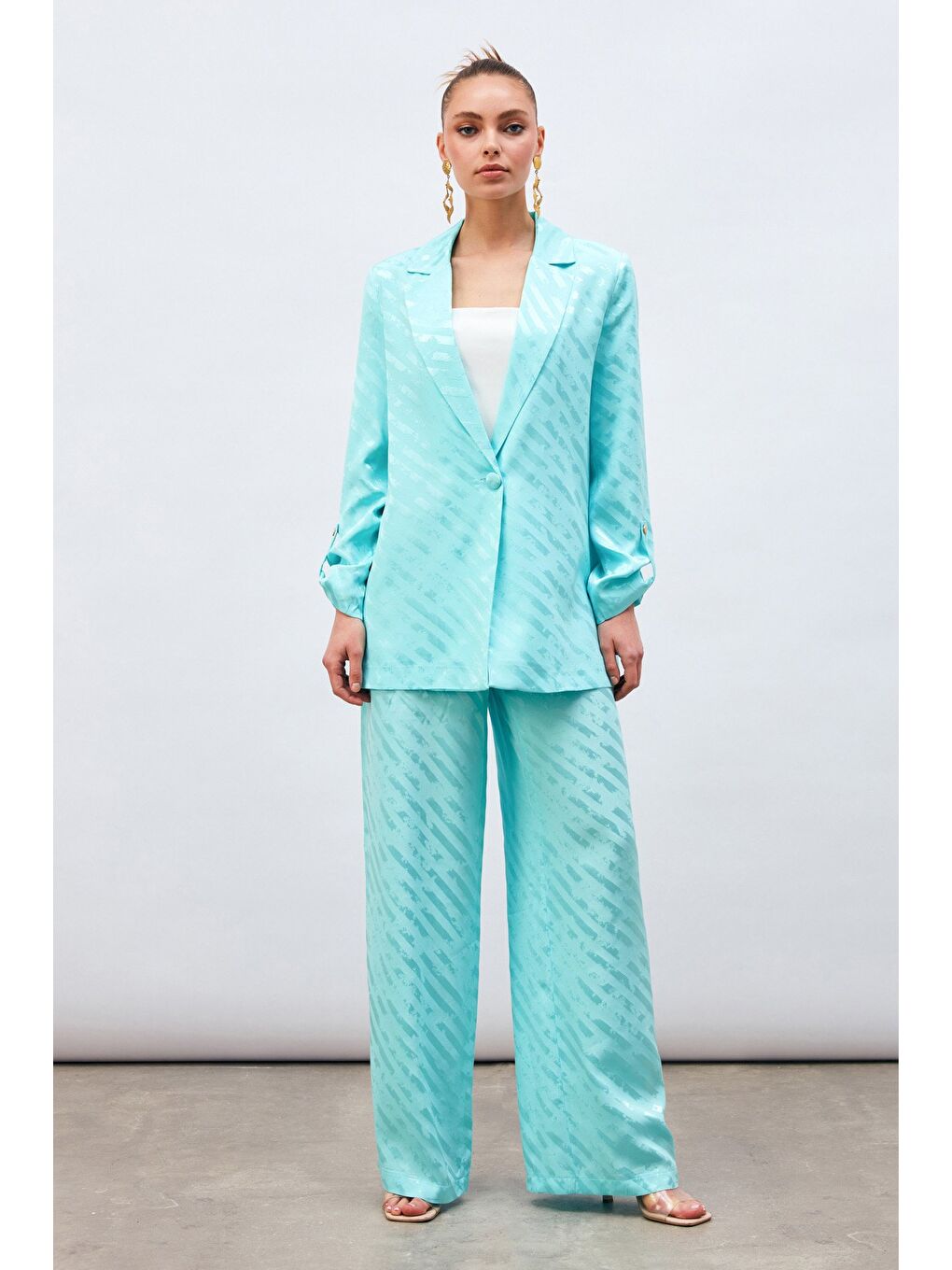 Kol Detaylı Desenli Salaş Ceket - Turkuaz-1