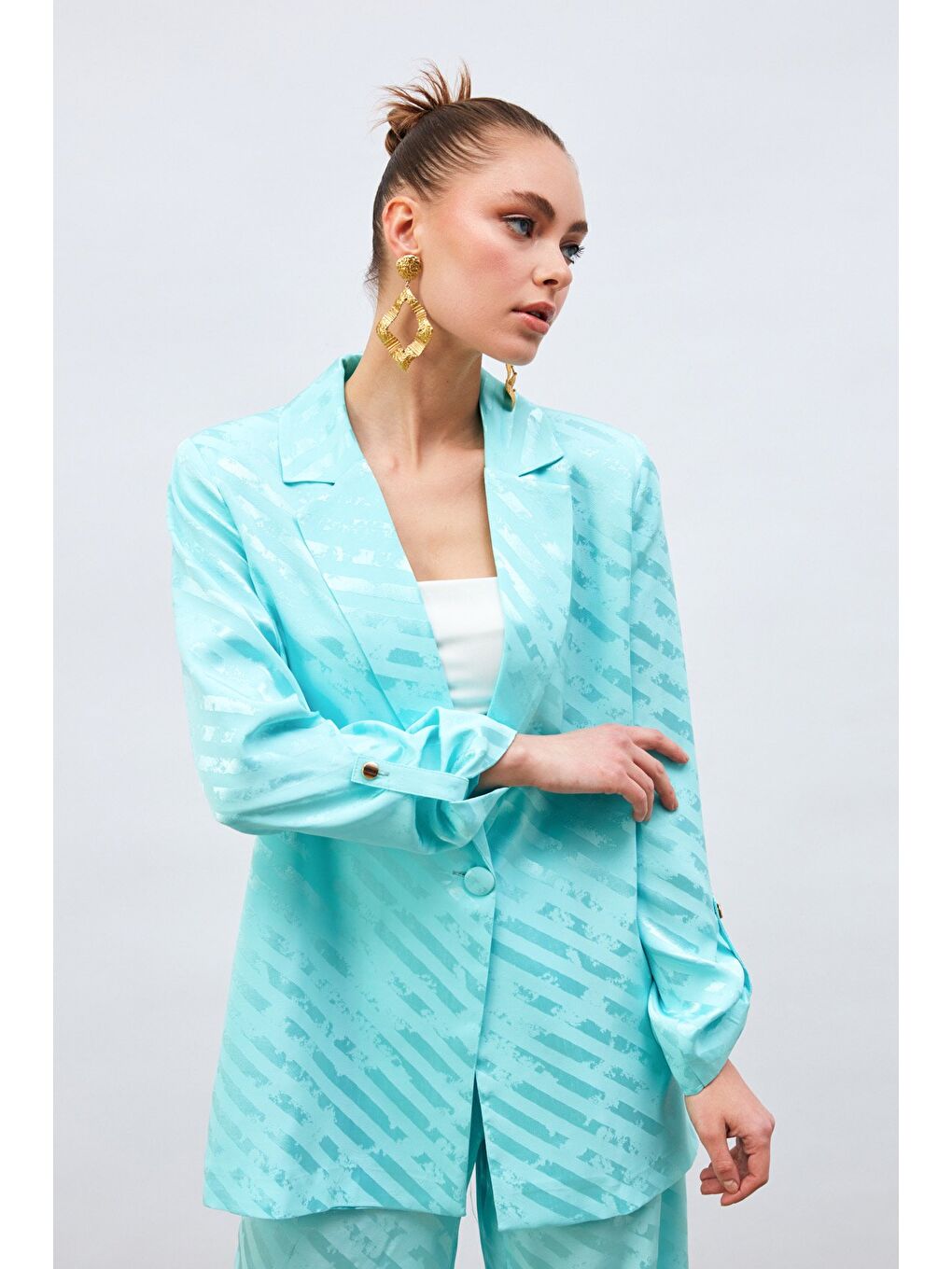 Kol Detaylı Desenli Salaş Ceket - Turkuaz-3