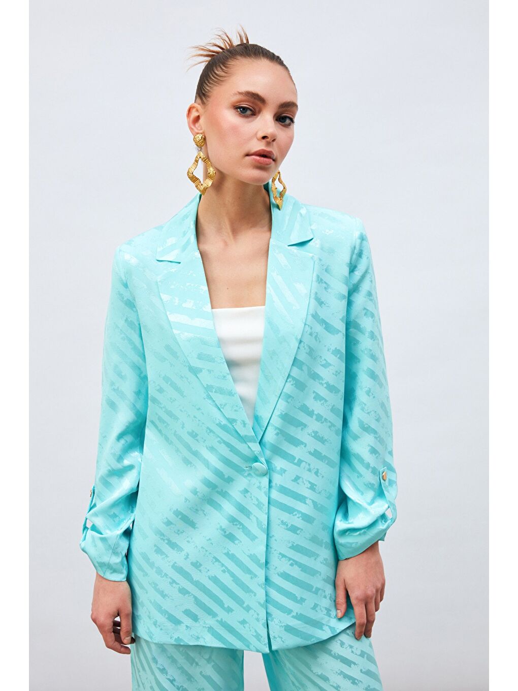 Kol Detaylı Desenli Salaş Ceket - Turkuaz-4