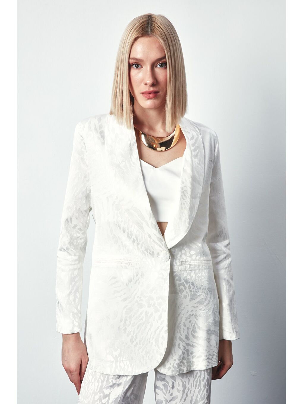 Şal Yaka Desenli Ceket - Ekru