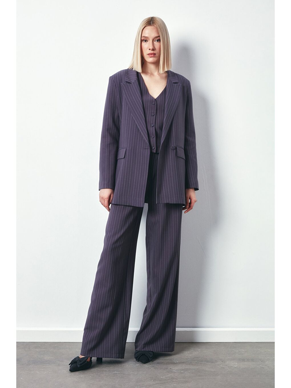 Çizgili Salaş Ceket - Gri-1