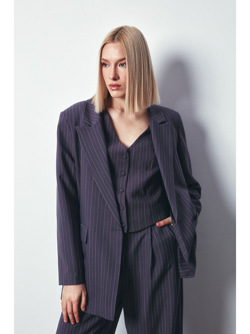 Çizgili Salaş Ceket - Gri-2