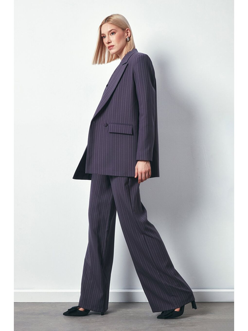 Çizgili Salaş Ceket - Gri-3