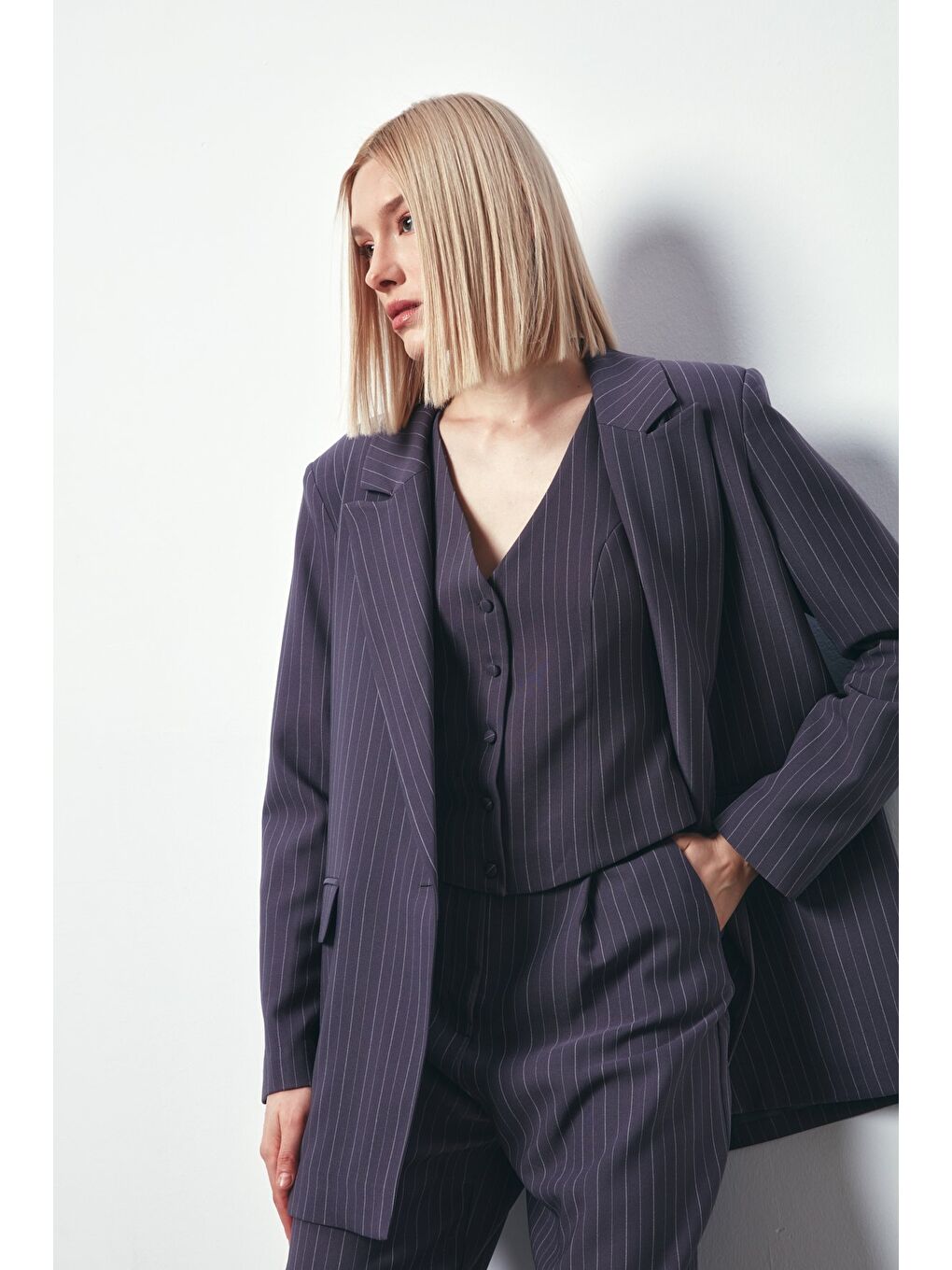 Çizgili Salaş Ceket - Gri-4