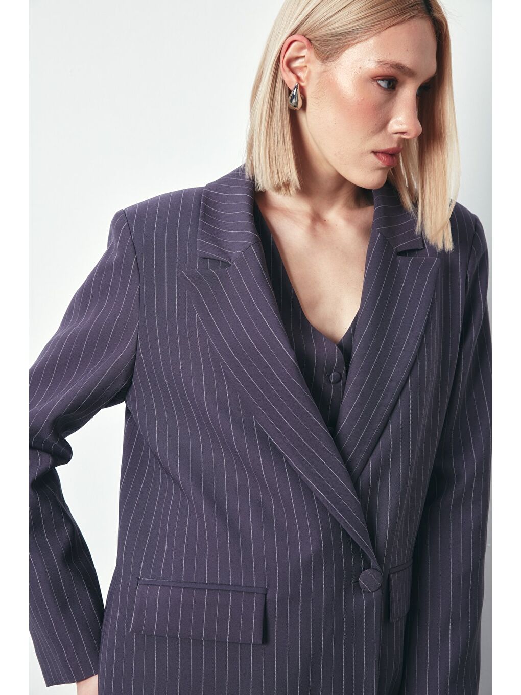 Çizgili Salaş Ceket - Gri-5