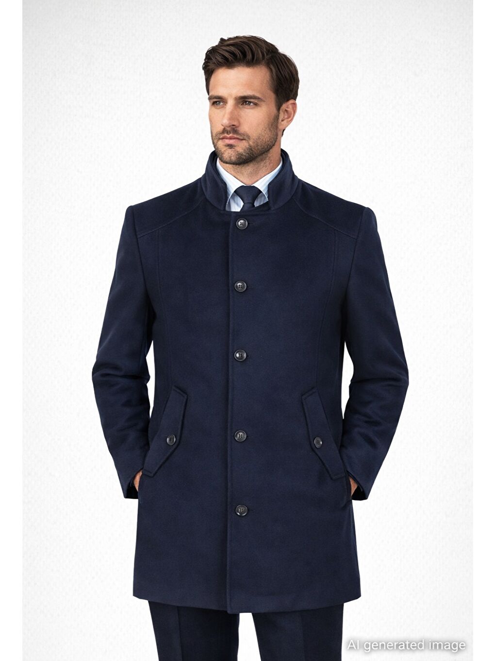 Erkek Dik Yaka Düğmeli Klasik Kaban – Lacivert