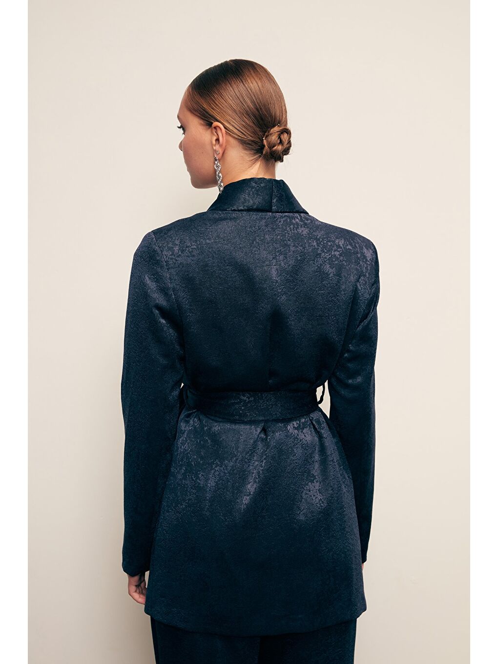 Kuşaklı Uzun Ceket - Lacivert-4