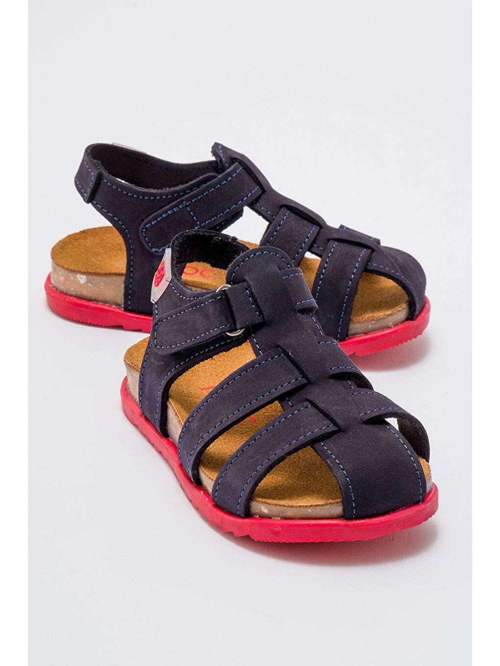 Unisex Çocuk Lacivert Hakiki Deri Mantar Tabanlı Çocuk Sandalet