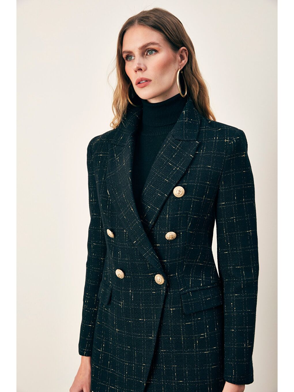 Simli Uzun Ceket - Siyah-4