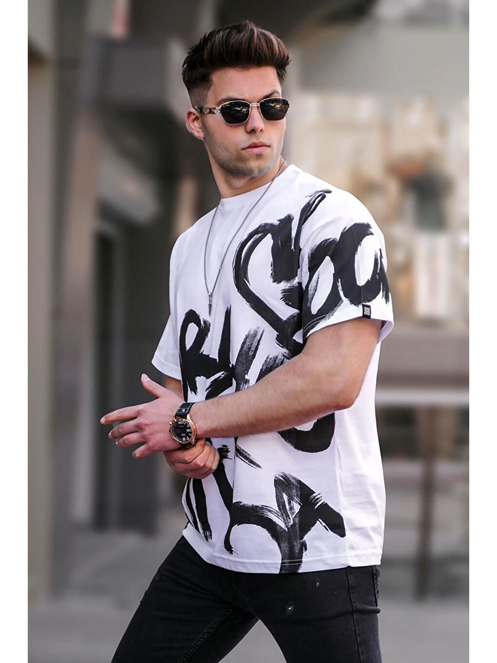 Erkek Beyaz Overfit Desenli %100 Pamuk Tişört 5811