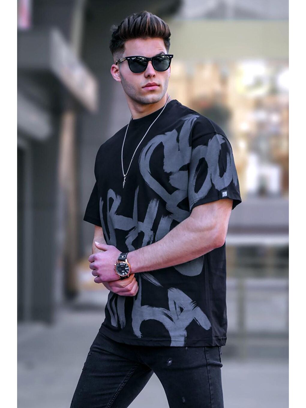 Erkek Siyah Overfit  Desenli %100 Pamuk Tişört 5811