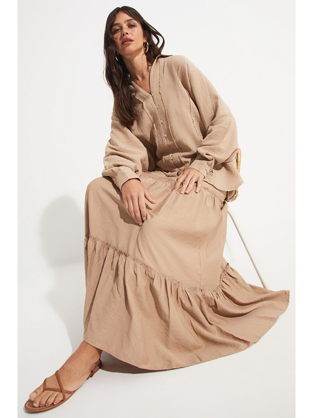 Bej Exclusive Beli Lastikli Viskon Karışımlı Maxi Etek-4