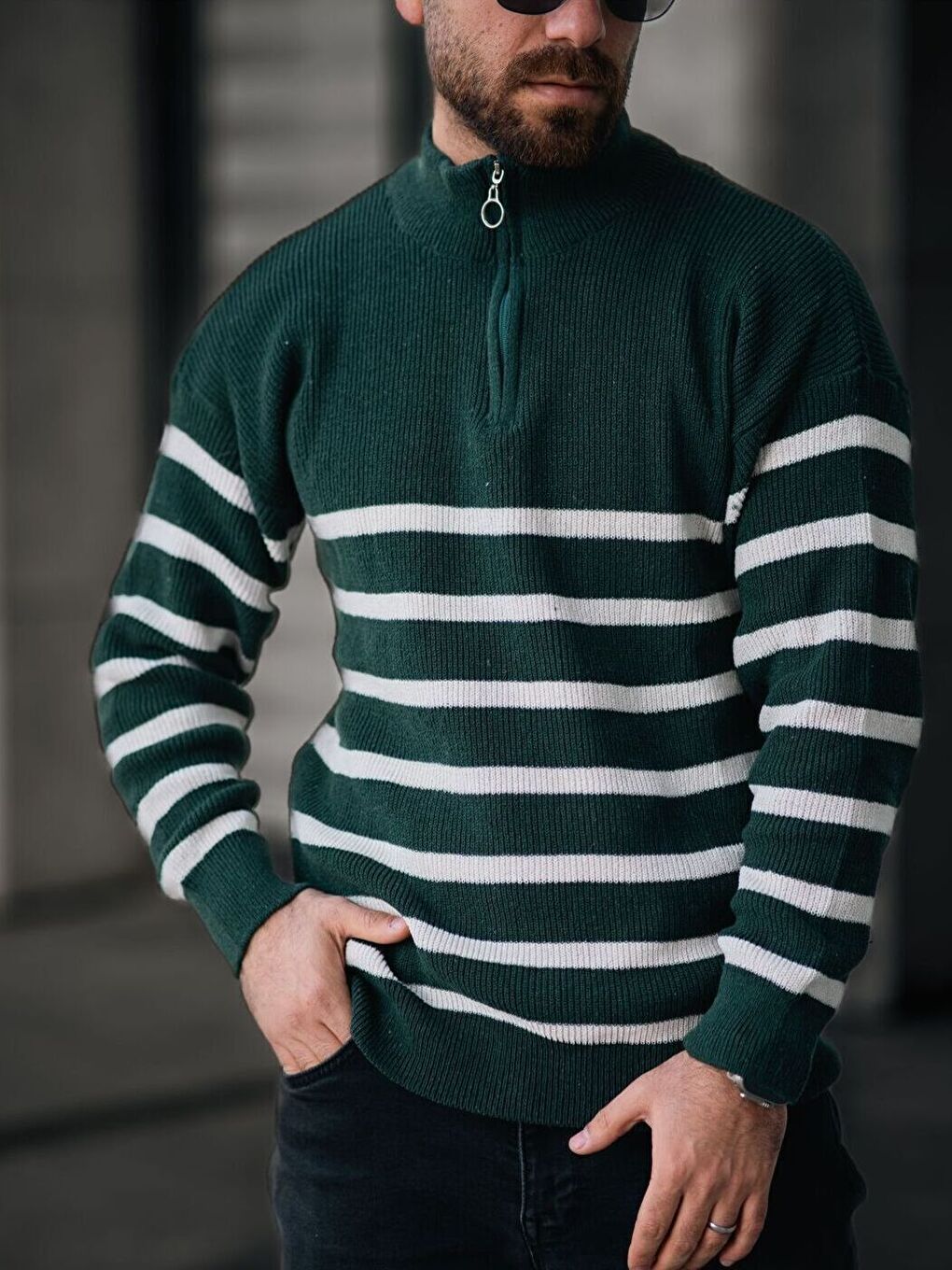 Yeşil Beyaz Yarım Fermuar Dik Yaka Çizgili Triko Erkek Kazak-1