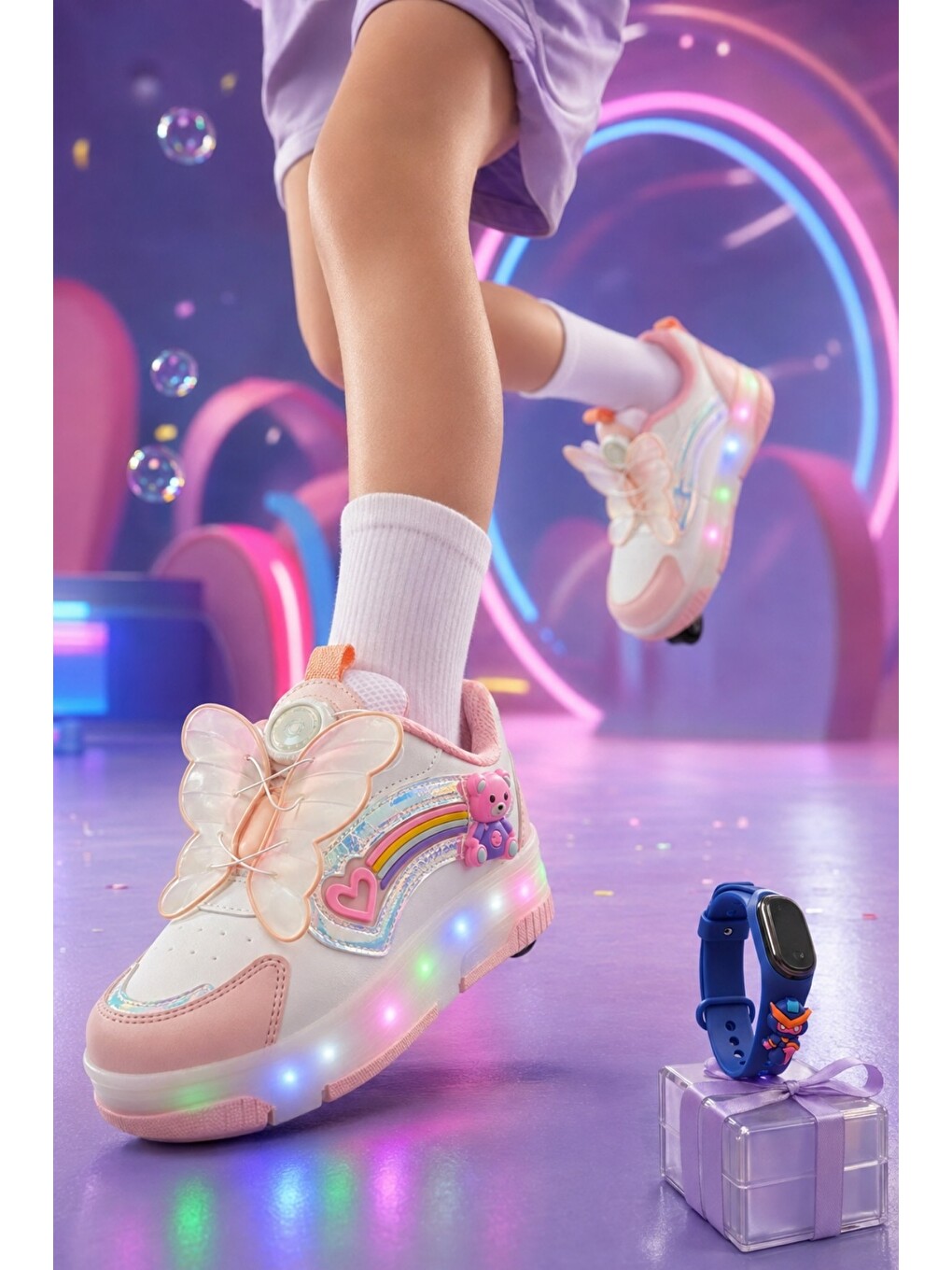 Pembe Colourful Çocuk Işıklı Patenli Tekerlekli Sneaker Spor Ayakkabı-1