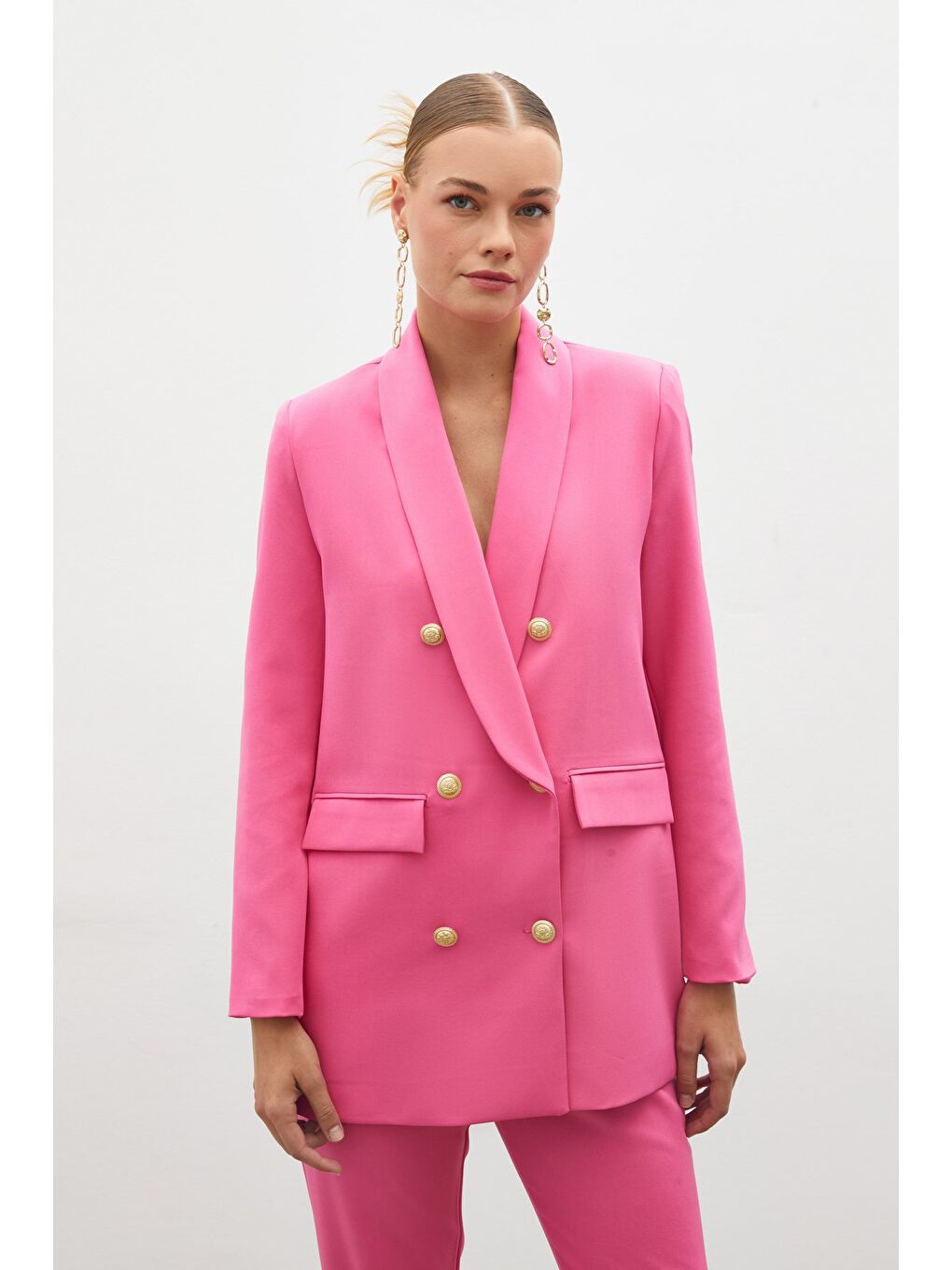 Düğme Detaylı Kruvaze Ceket - Pembe-5