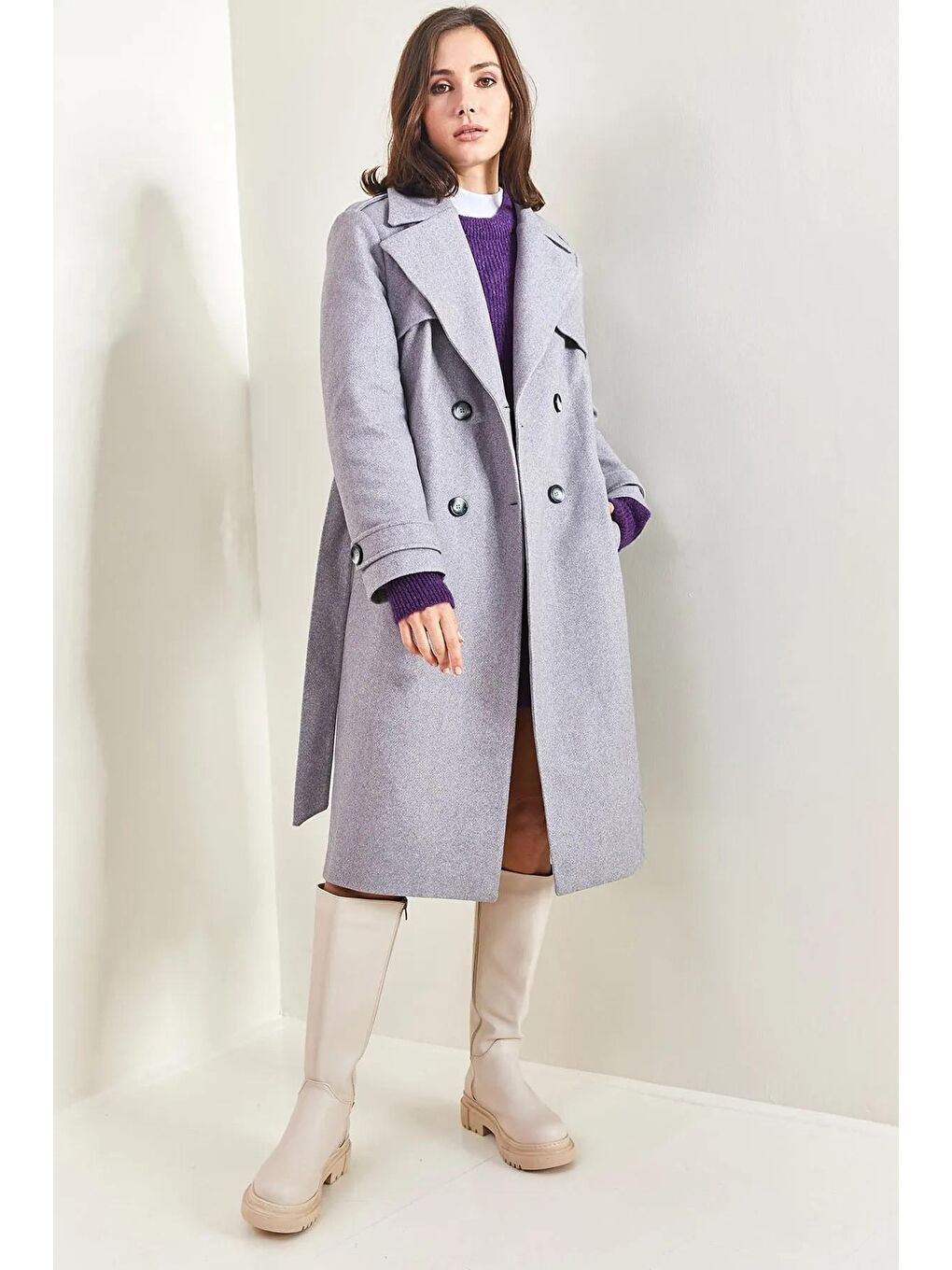 Gri Kadın Apoletli 4 Düğmeli Kuşaklı Kaban-3