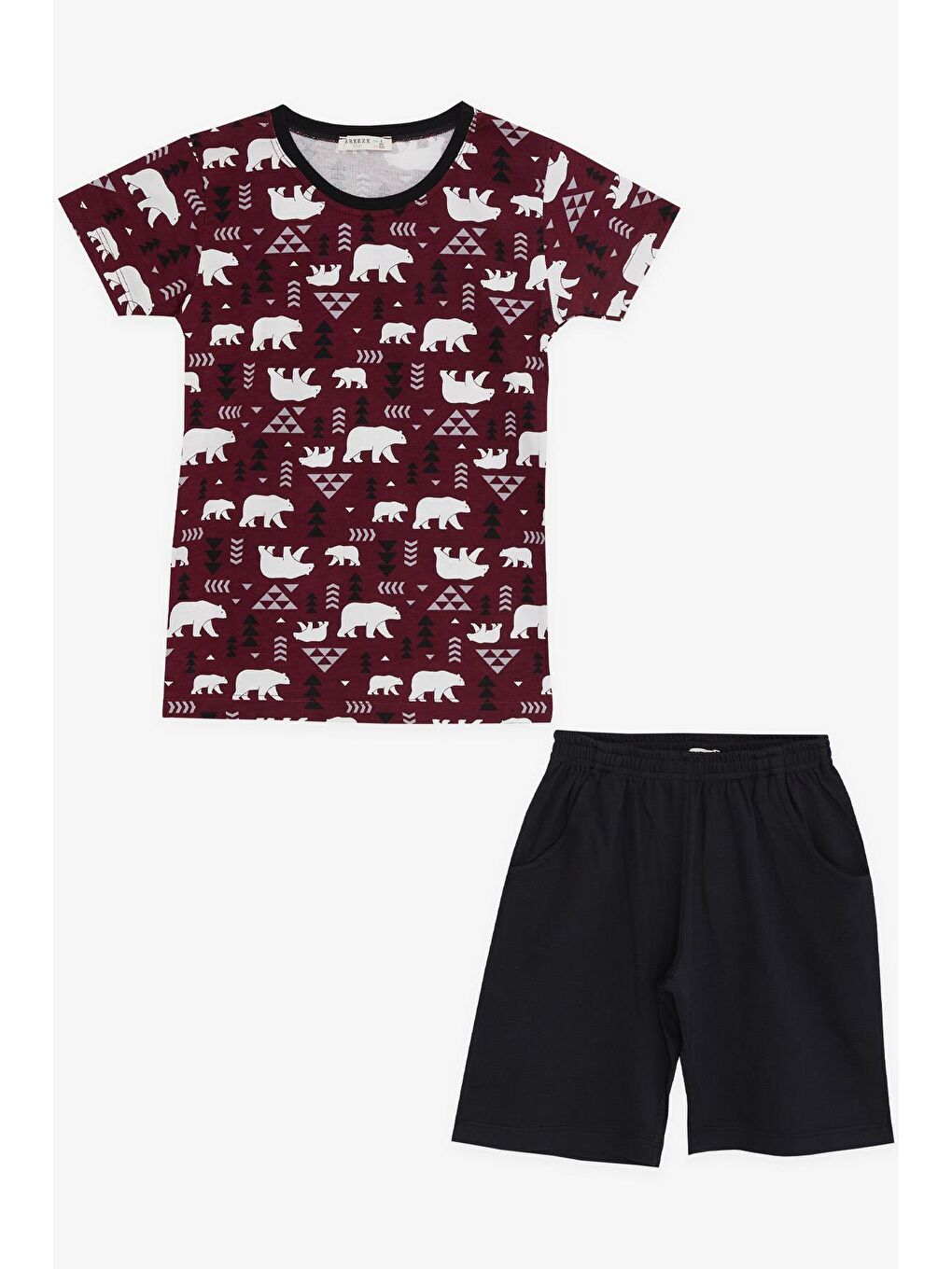 Bordo Erkek Çocuk Şortlu Pijama Takımı Sevimli Kutup Ayıcığı Desenli Vişne Çürüğü (4-8 Yaş)