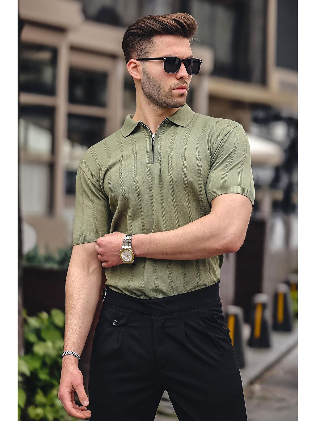 Erkek Haki Polo Yaka Fermuarlı Tişört 6355