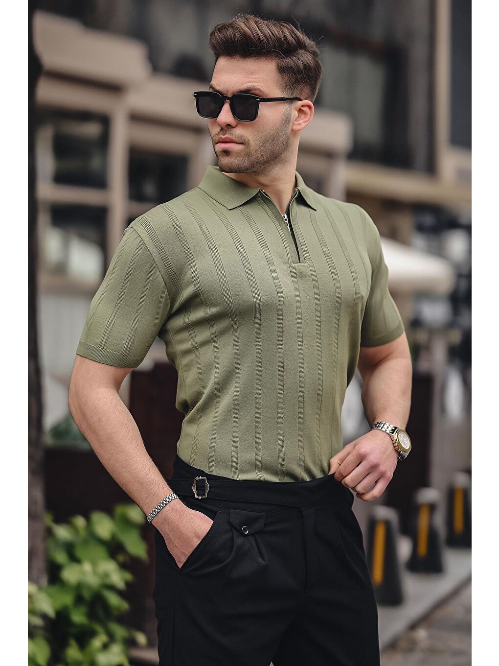 Erkek Haki Polo Yaka Fermuarlı Tişört 6355-1