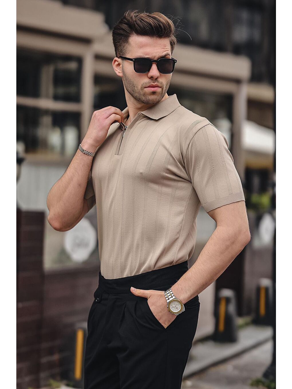 Bej Erkek Vizon Polo Yaka Fermuarlı Tişört 6355-1