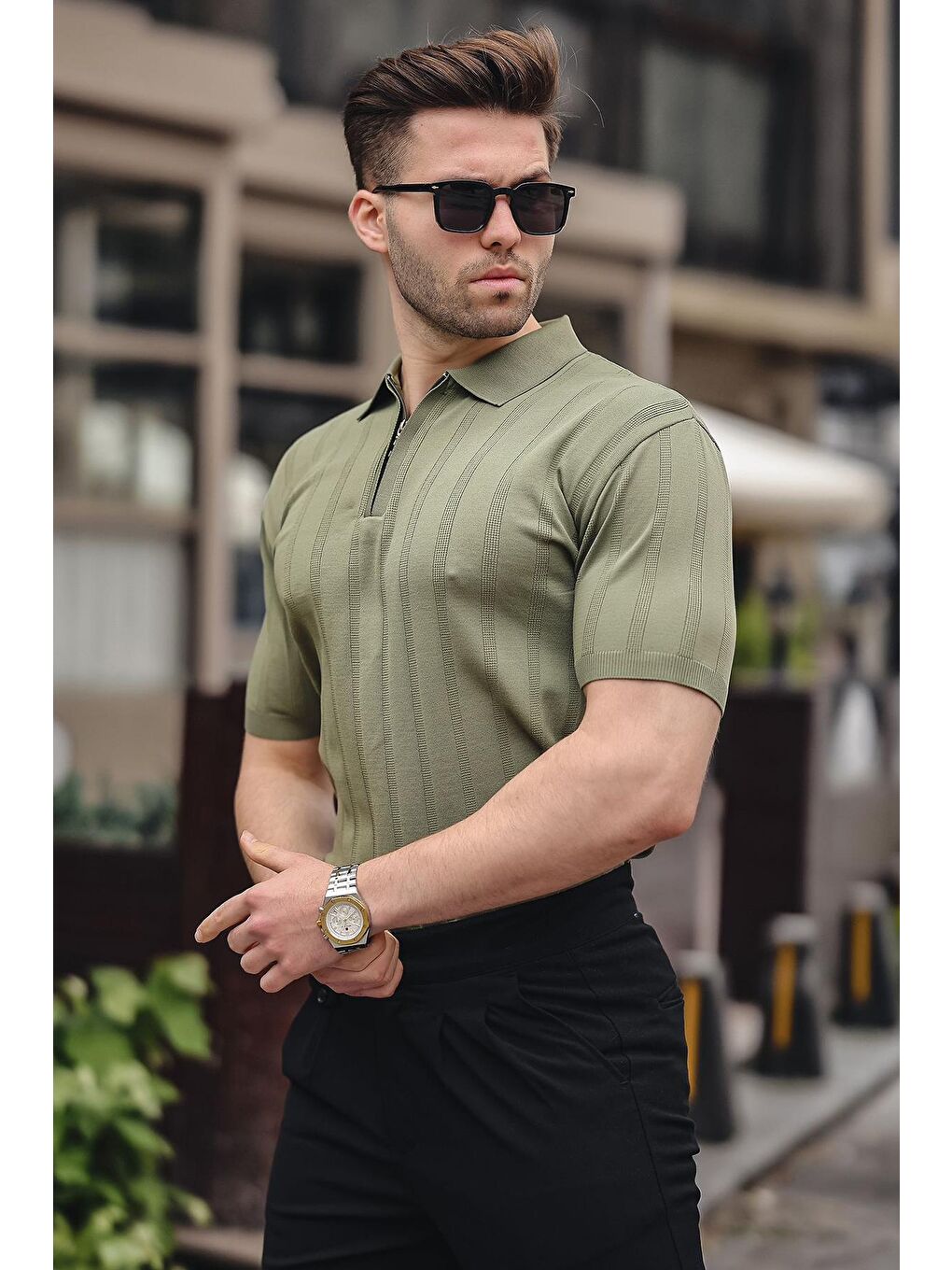 Erkek Haki Polo Yaka Fermuarlı Tişört 6355-2