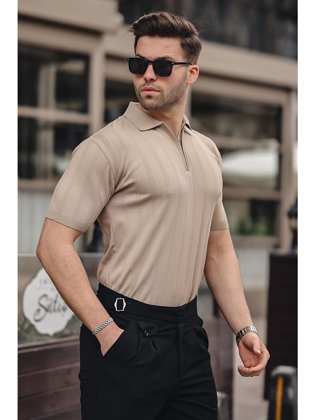 Bej Erkek Vizon Polo Yaka Fermuarlı Tişört 6355-2