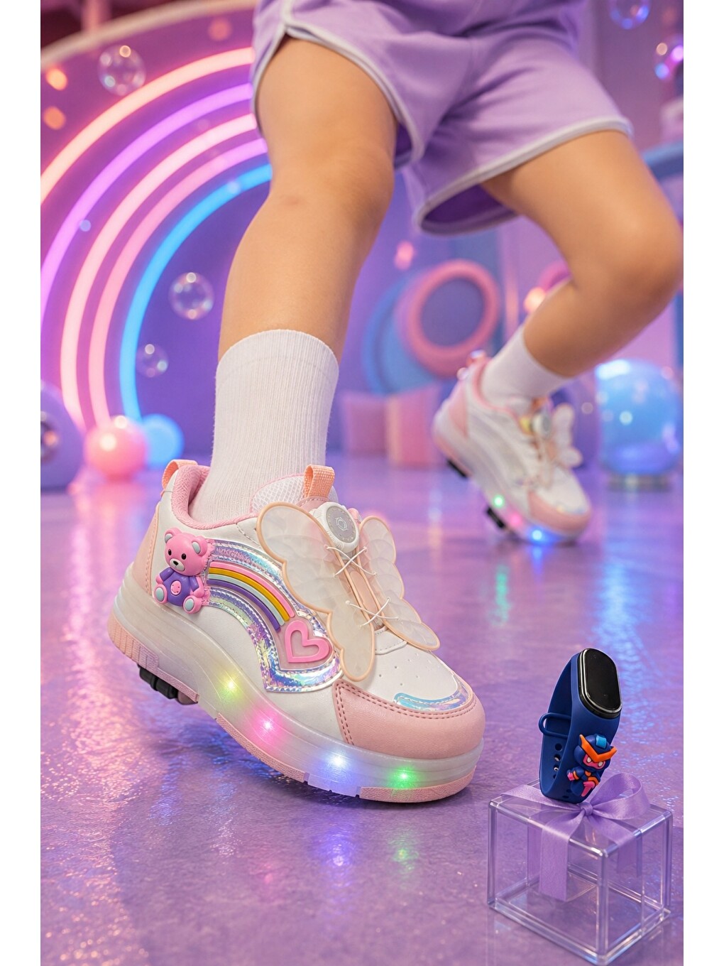 Pembe Colourful Çocuk Işıklı Patenli Tekerlekli Sneaker Spor Ayakkabı-2