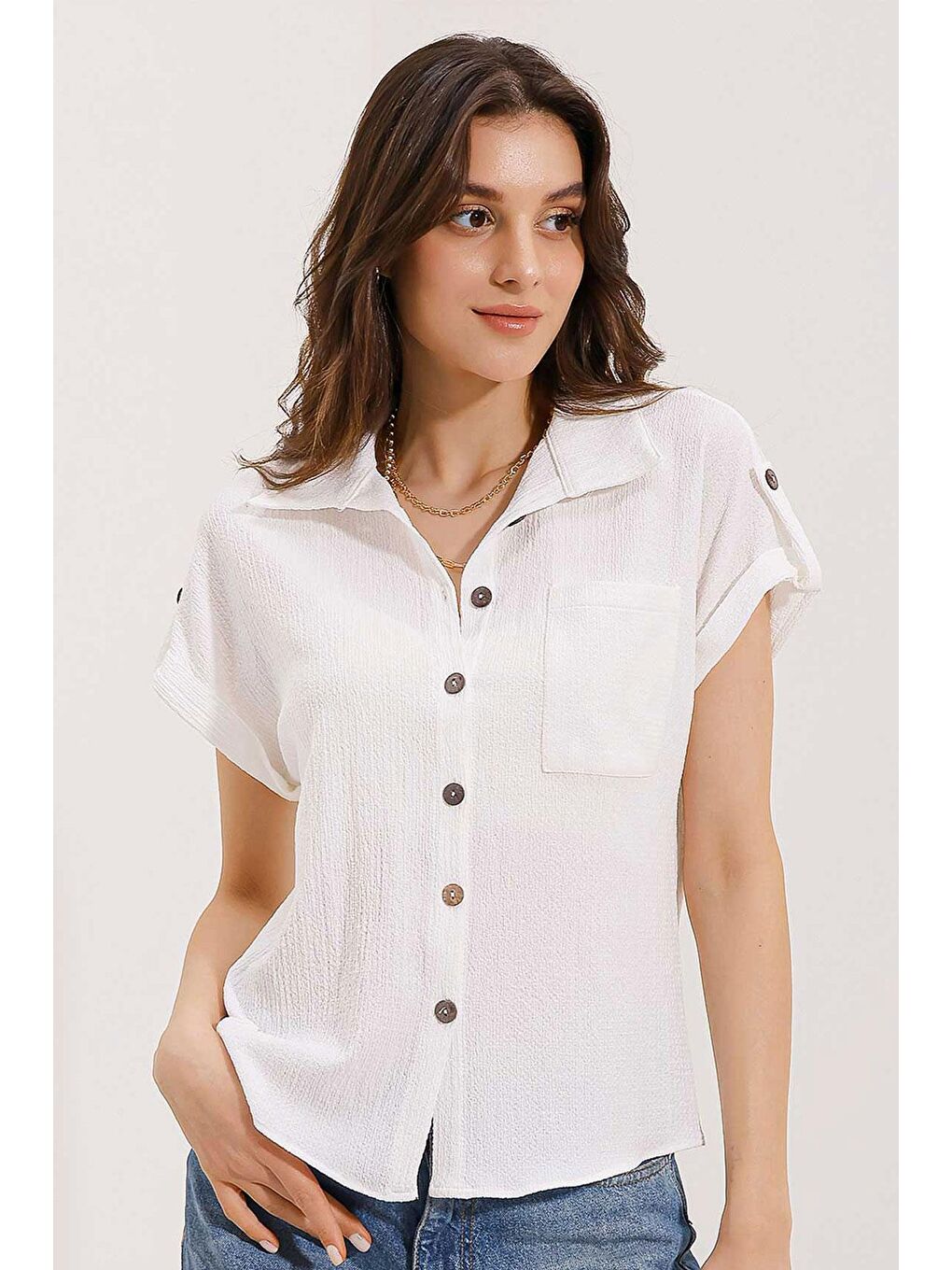 20187 Kısa Kol Oversize Örme Gömlek - Beyaz-1