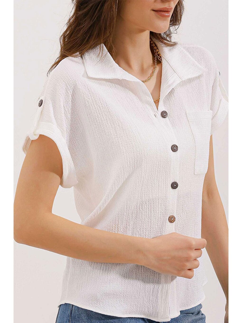 20187 Kısa Kol Oversize Örme Gömlek - Beyaz-2