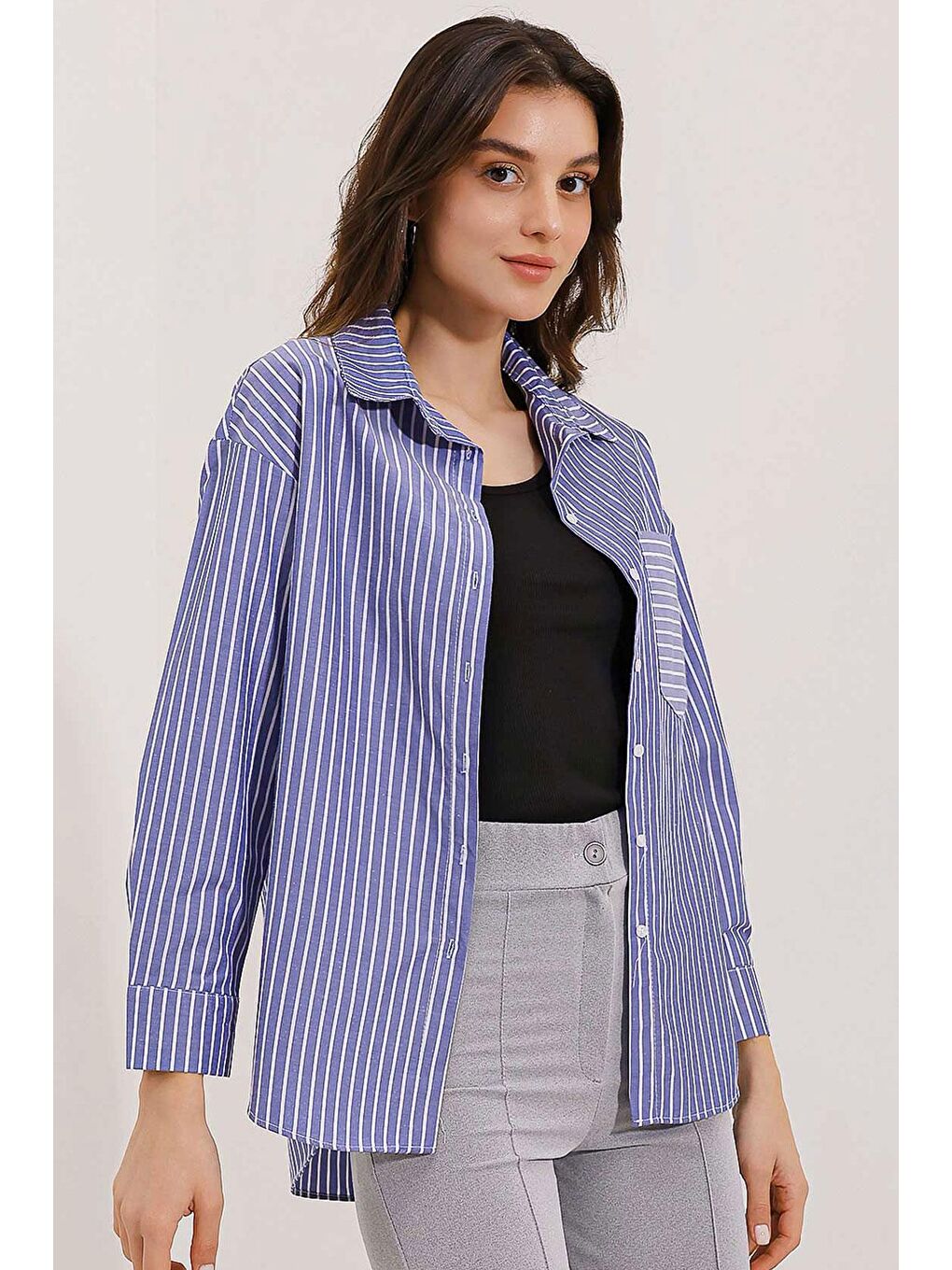 20205 Çizgili Oversize Gömlek - Lacivert-1
