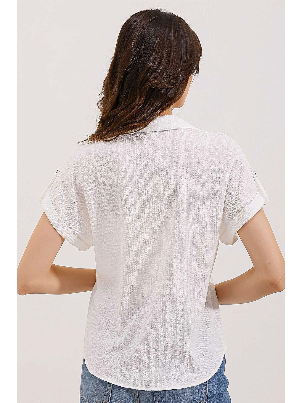 20187 Kısa Kol Oversize Örme Gömlek - Beyaz-3