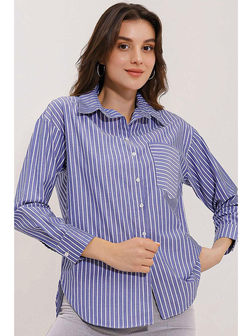 20205 Çizgili Oversize Gömlek - Lacivert-2