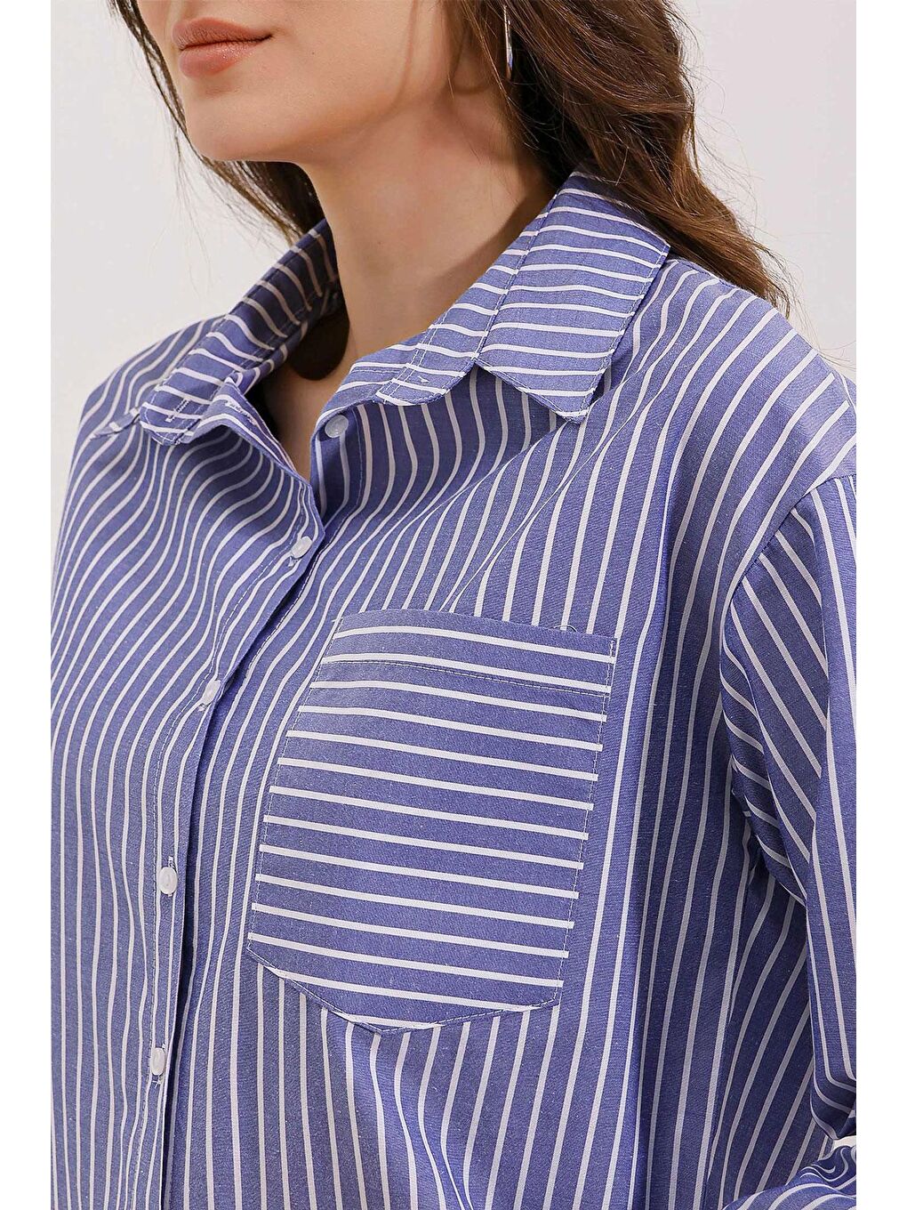 20205 Çizgili Oversize Gömlek - Lacivert-3