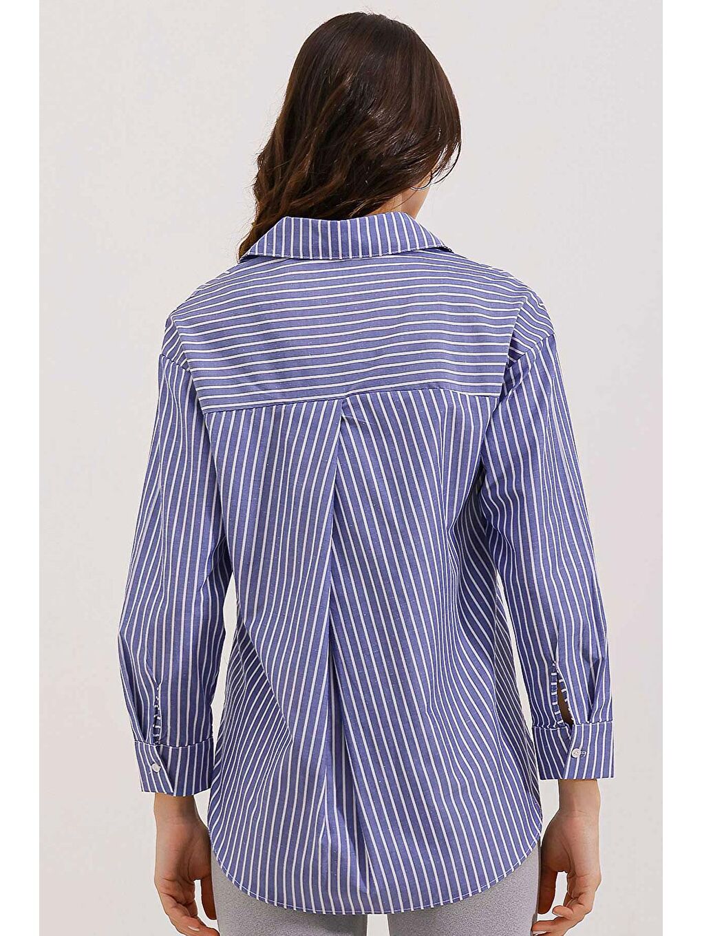 20205 Çizgili Oversize Gömlek - Lacivert-4