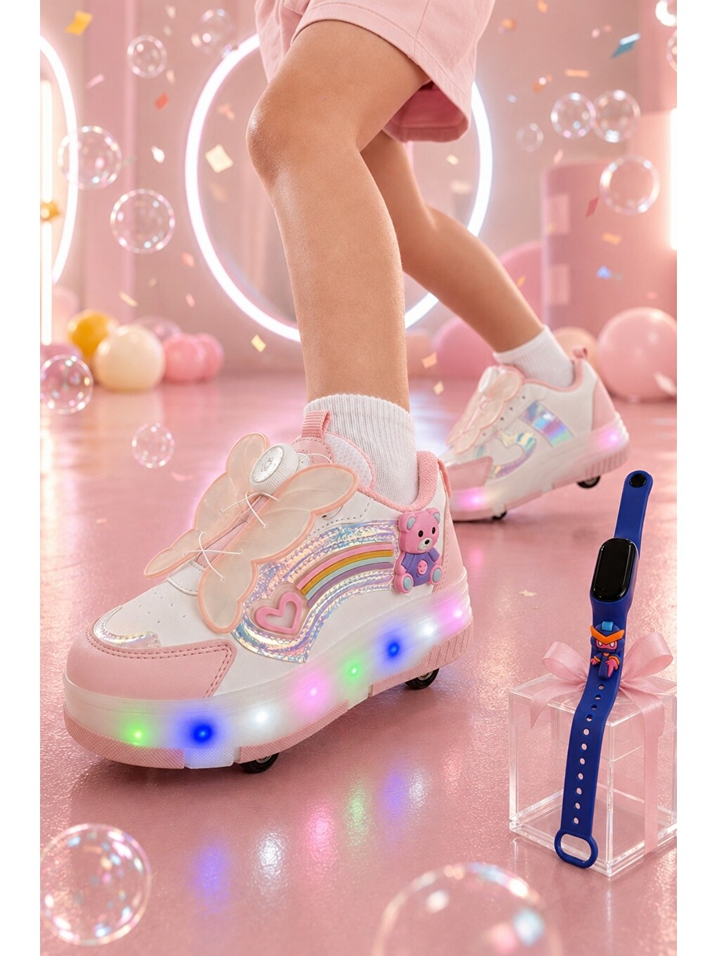 Pembe Colourful Çocuk Işıklı Patenli Tekerlekli Sneaker Spor Ayakkabı-3