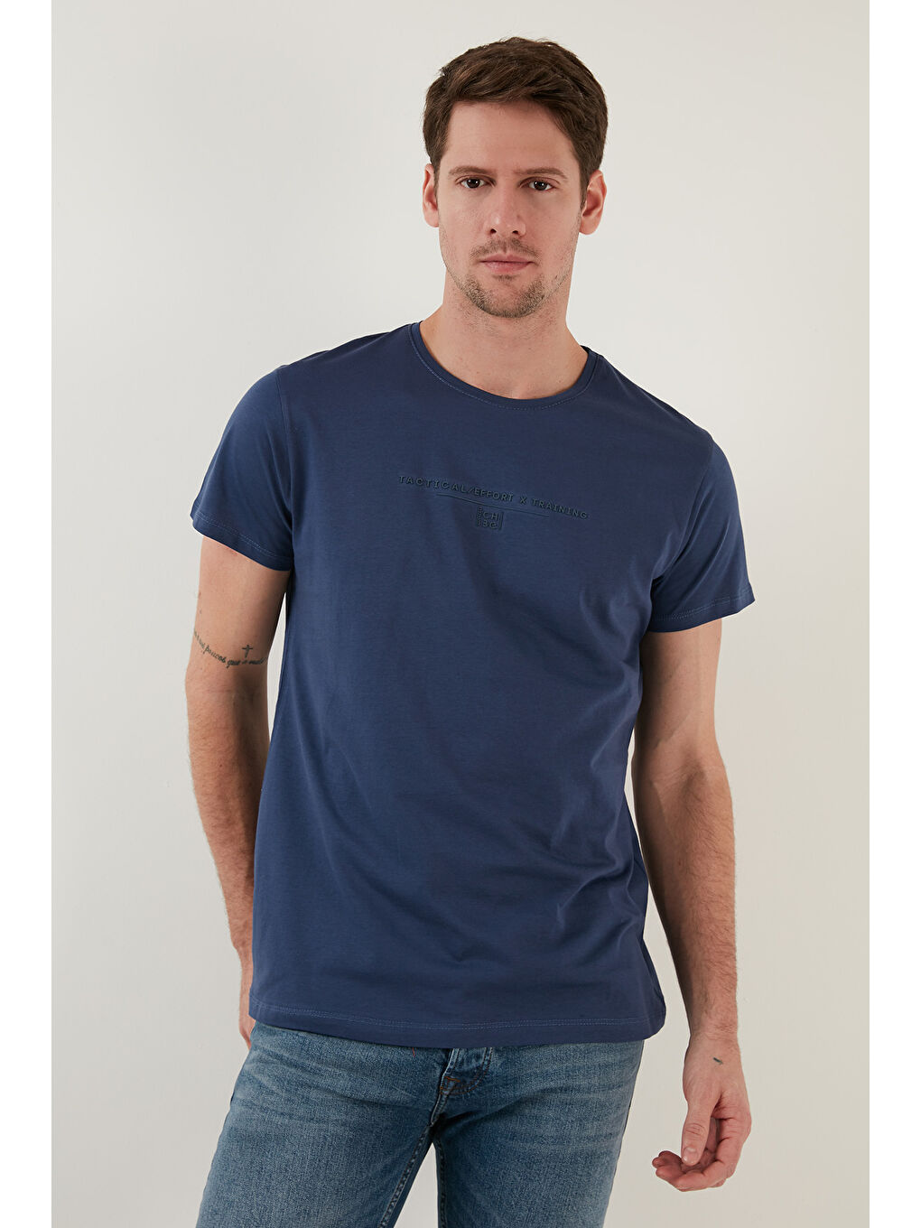 Lacivert Yazı Baskılı Bisiklet Yaka %100 Pamuk Slim Fit Basic Tişört 541TACTICAL-6