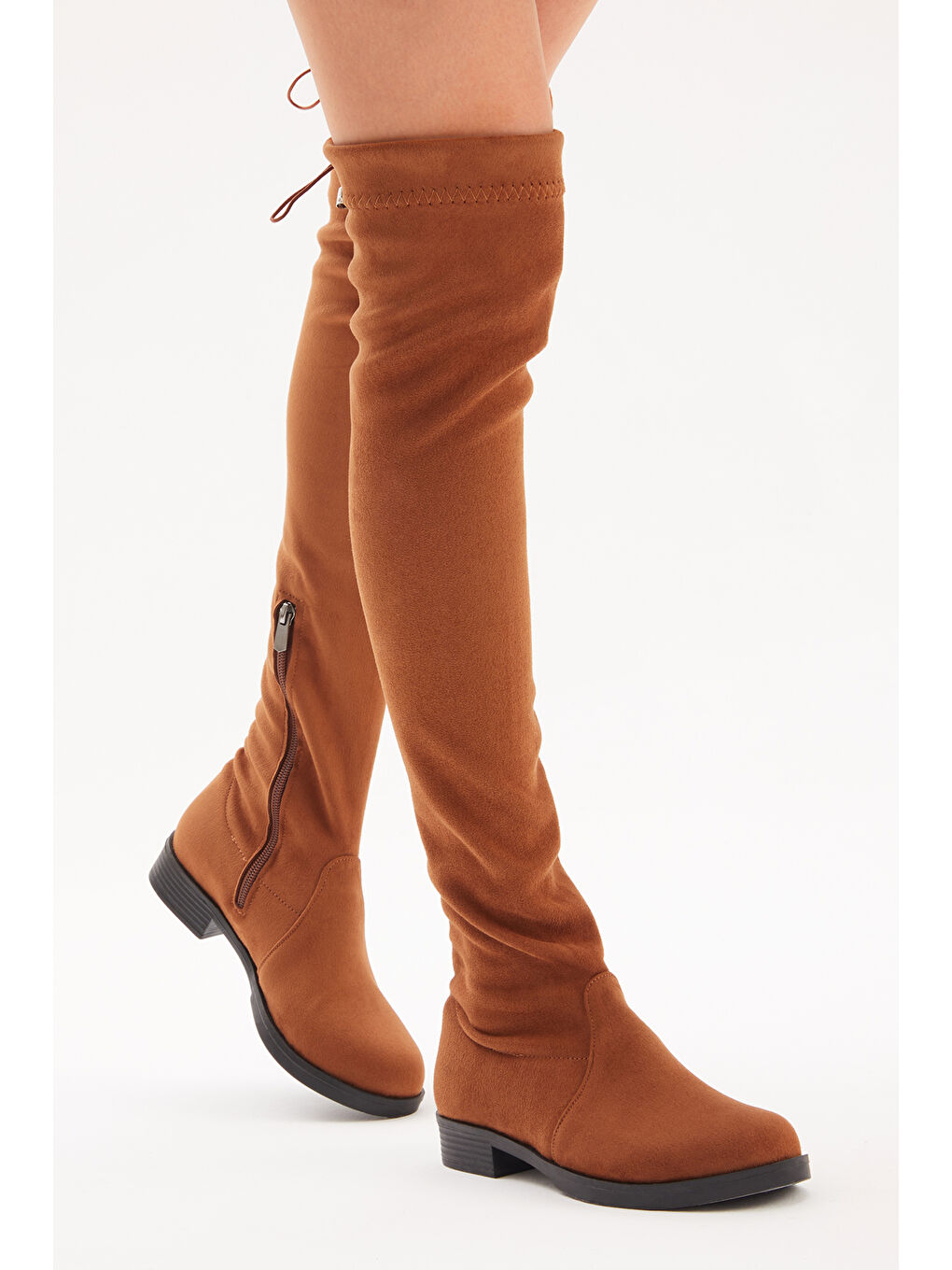 Kahverengi Kadın Taba Süet Rahat Kalıp Yanı Fermuarlı Strec Çizme