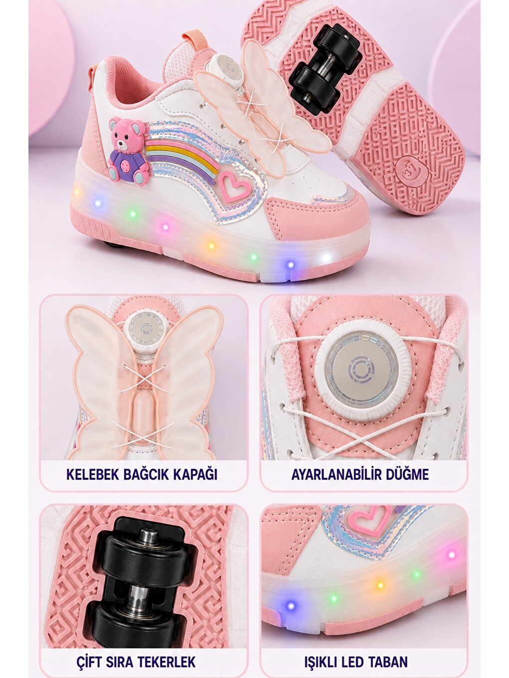 Pembe Colourful Çocuk Işıklı Patenli Tekerlekli Sneaker Spor Ayakkabı-5