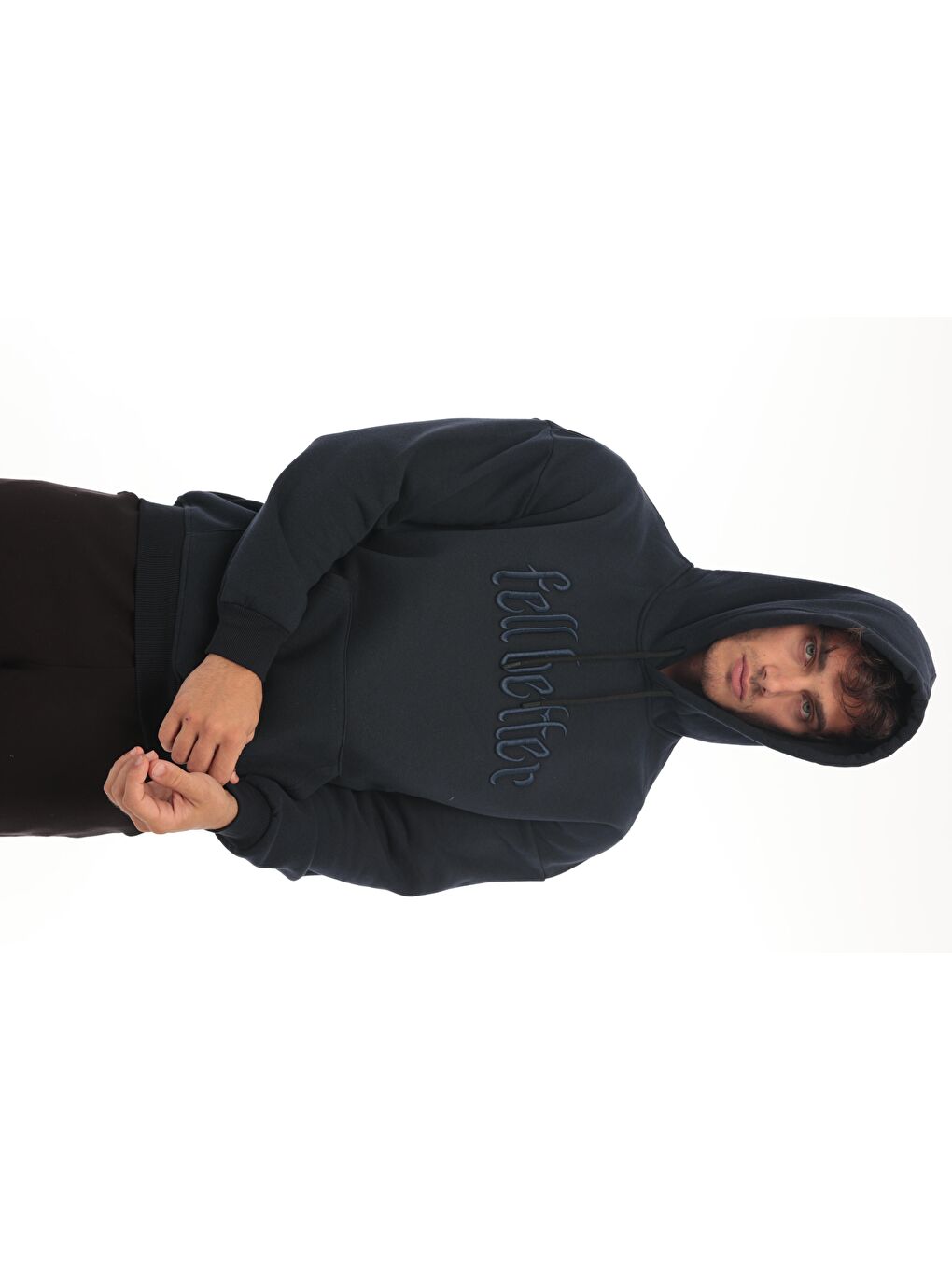 Miron Lacivert Fell Better Nakışlı Kapüşonlu Üç İplik Oversize Sweatshirt - 2