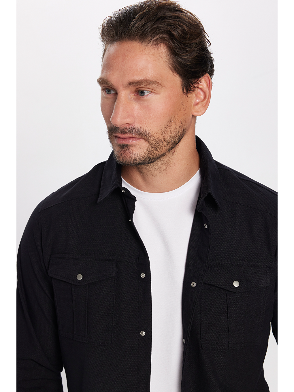 TUDORS Slim Fit Uzun Kollu Spor Yaka Yıkamalı Çift Cepli Armürlü Denim Jean Siyah Erkek Gömlek