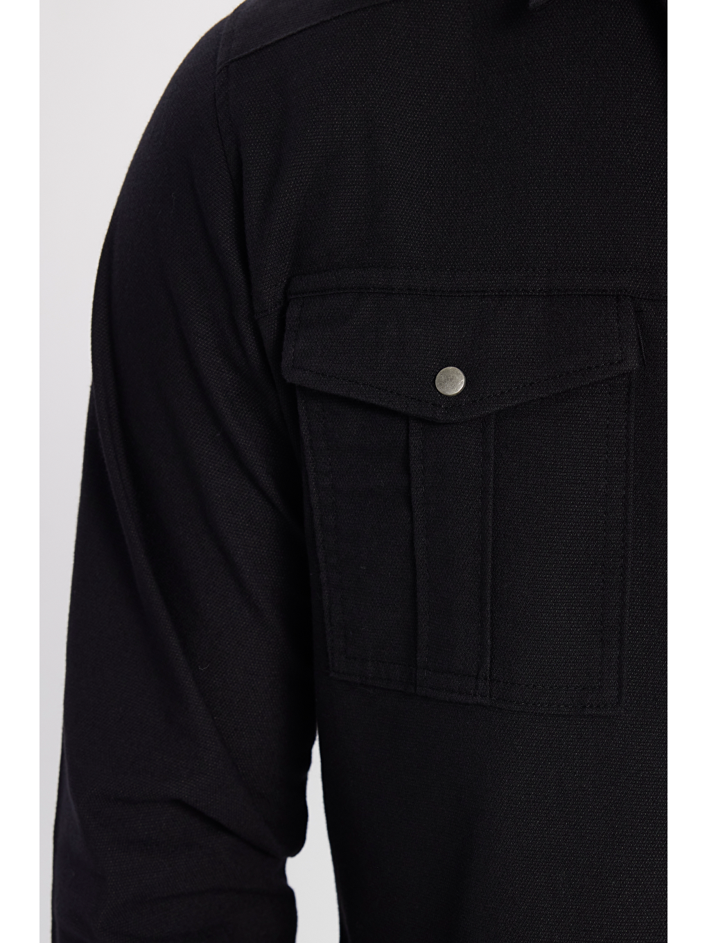 TUDORS Slim Fit Uzun Kollu Spor Yaka Yıkamalı Çift Cepli Armürlü Denim Jean Siyah Erkek Gömlek - 2