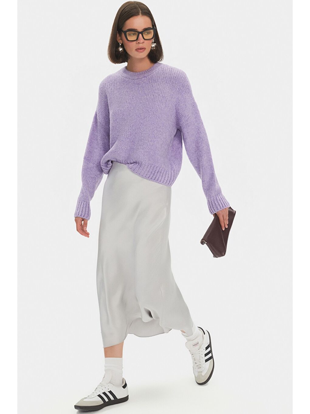 Lila Kadın Geniş Kalıp Yumuşak Dokulu Basic Triko Kazak-1