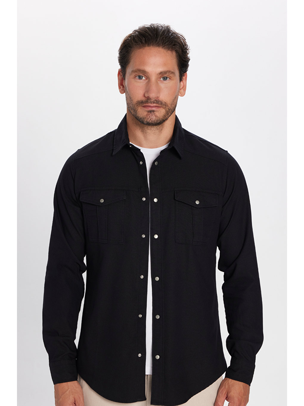 TUDORS Slim Fit Uzun Kollu Spor Yaka Yıkamalı Çift Cepli Armürlü Denim Jean Siyah Erkek Gömlek - 3