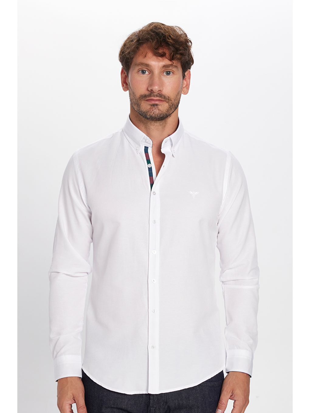 Erkek Slim Fit Dar Kesim Uzun Kollu Pamuklu Oxford Doku Kolay Ütülenebilir Beyaz Düğmeli Yaka Gömlek-3