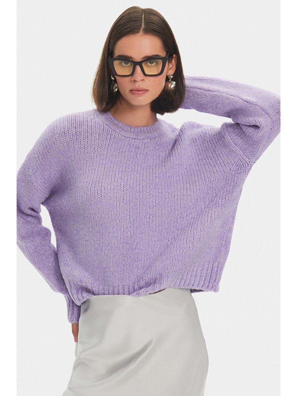 Lila Kadın Geniş Kalıp Yumuşak Dokulu Basic Triko Kazak-2