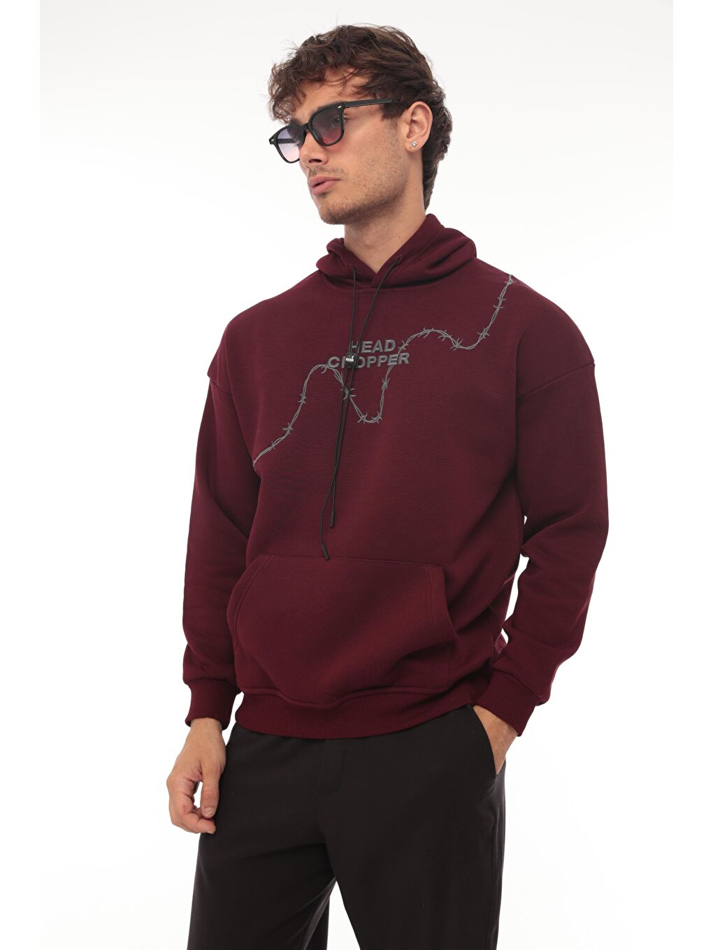 Miron Bordo Üç İplik Head Chopper Nakışlı Oversize Kapüşonlu Sweatshirt