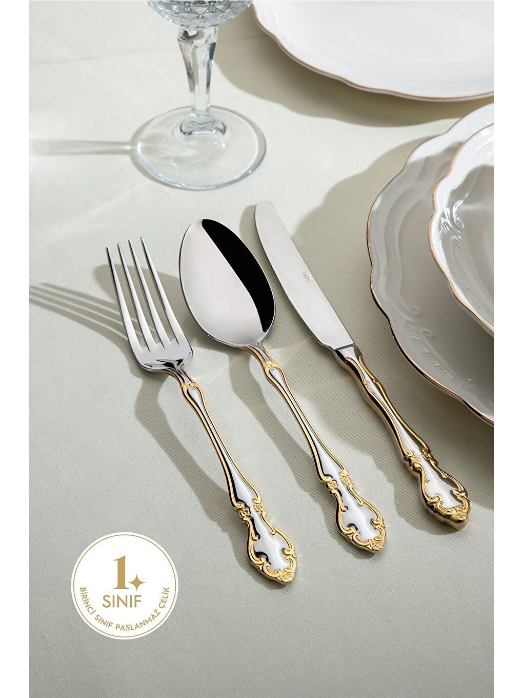 Sarı Adriana Altın Sade 6 Kişilik 36 Parça Kutulu Çatal Kaşık Bıçak Takımı-3